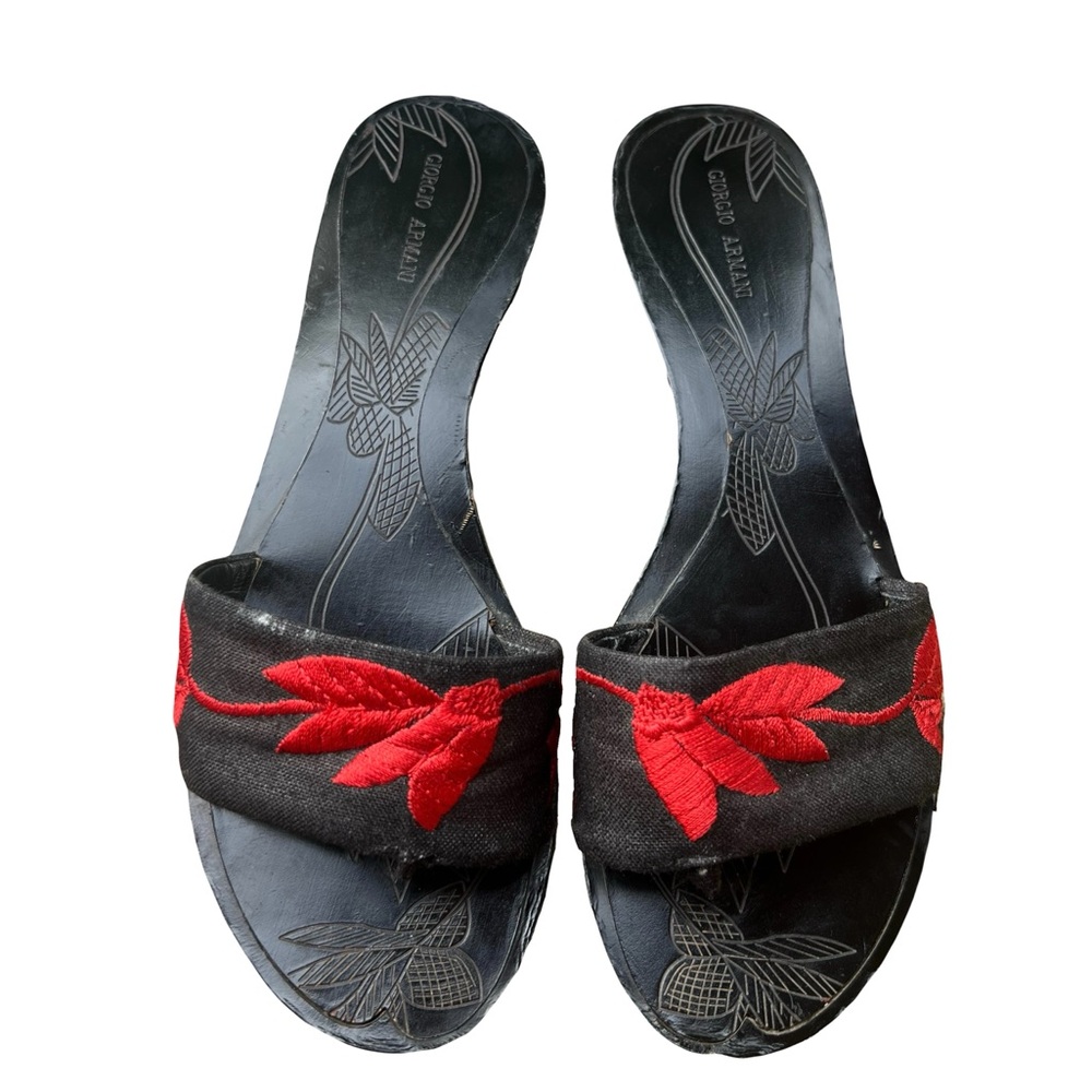 Rare Vintage Giorgio Armani Black Lacquered Wooden Platform Sandals
